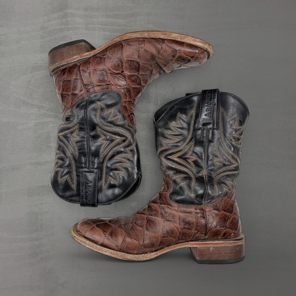 Arango Pirarucu Fish Leather Western Boots Brown Black Square Toe 1720 Size 7